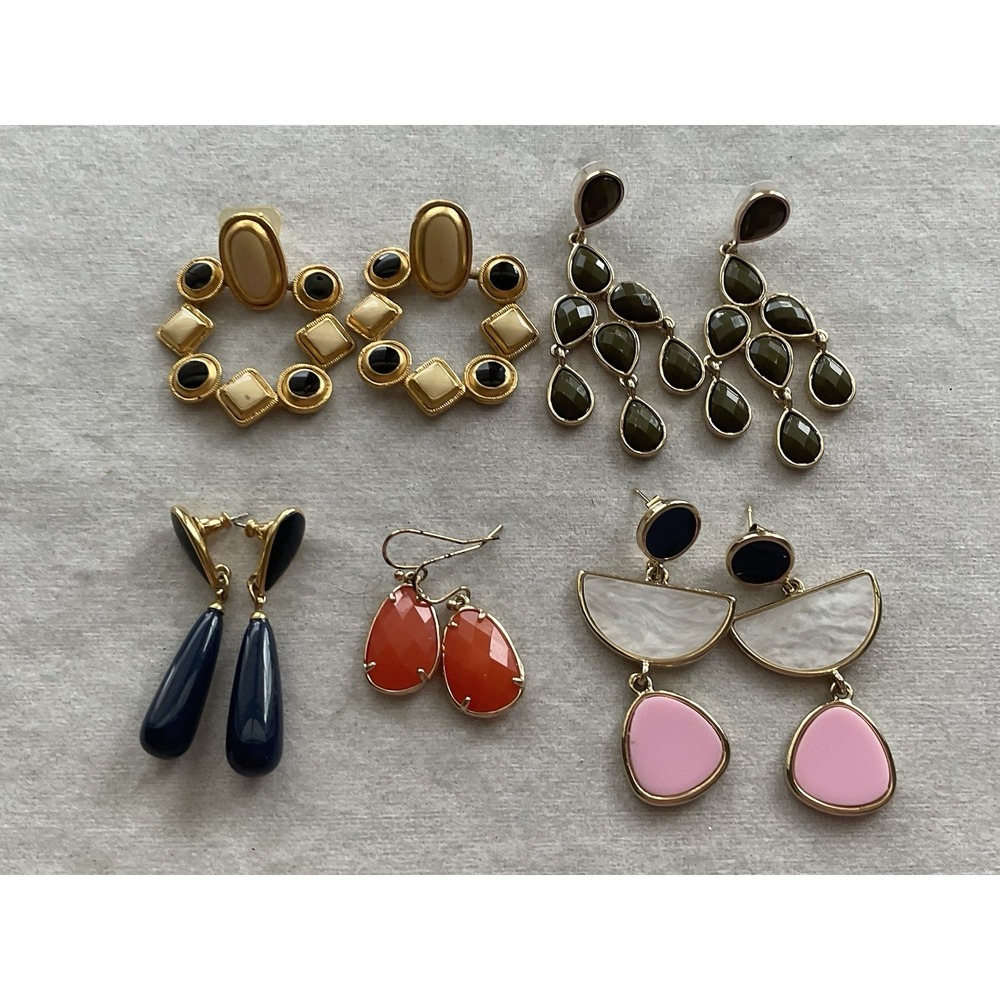 Lot Of 5 Pairs Gold Tone Dangle Drop Earrings Vintage Estate Jewelry